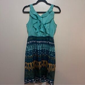 Hazo Teal Ruffle Sleeveless Dress Boho Print Elastic Waist Size M